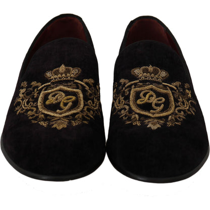 Dolce & Gabbana Loafers Black Velvet Gold Crown Dolce & Gabbana
