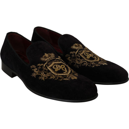 Dolce & Gabbana Loafers Black Velvet Gold Crown Dolce & Gabbana