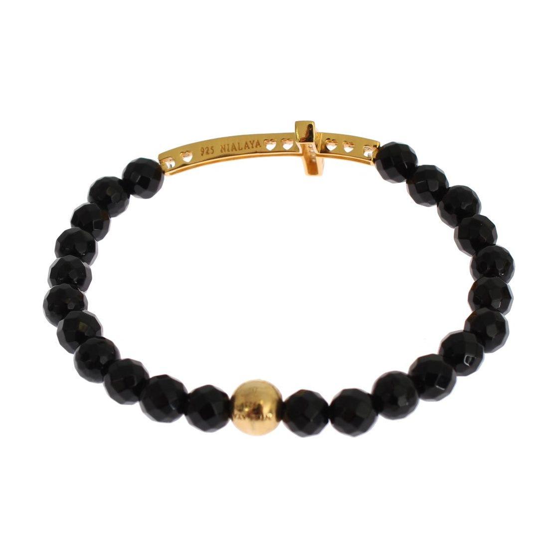 Nialaya Agate Stone Gold CZ Cross 925 Silver Bracelet