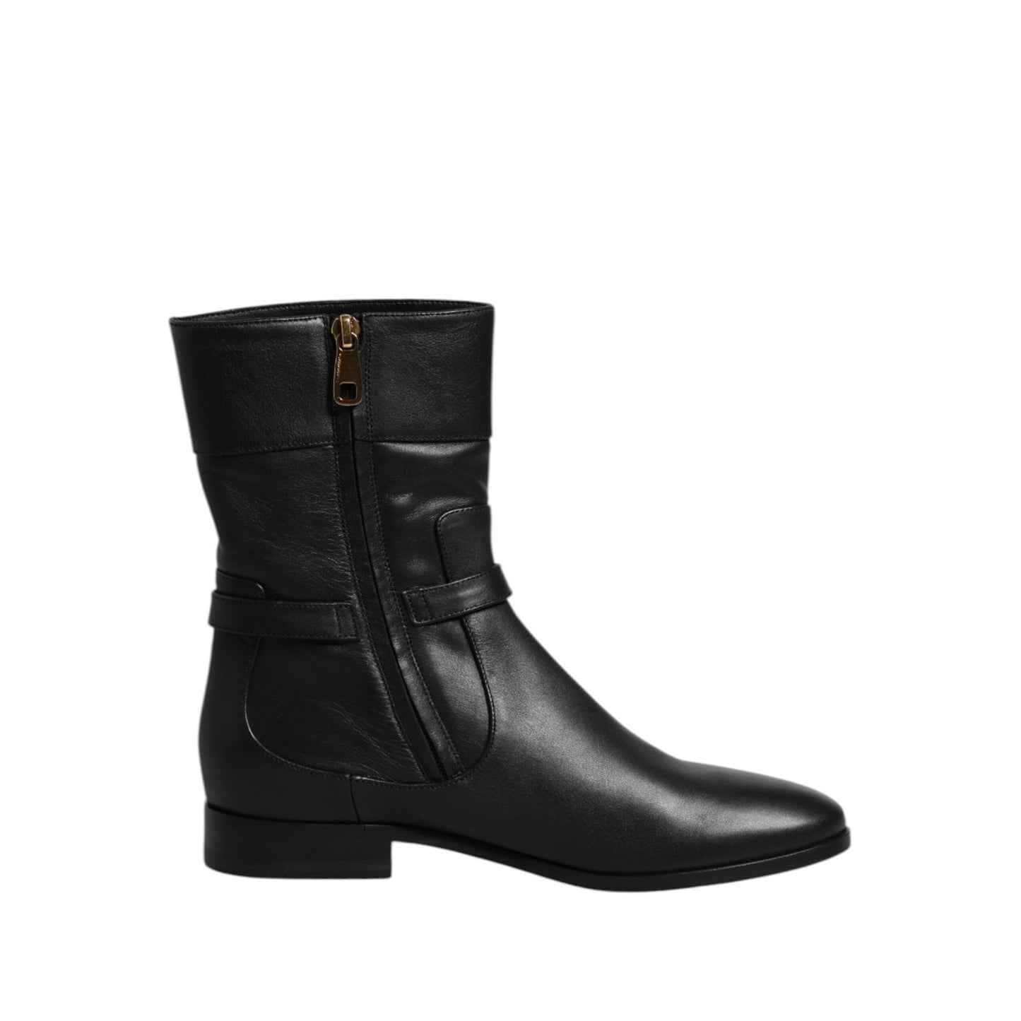 Dolce & Gabbana Black Leather Flats Logo Short Boots Shoes