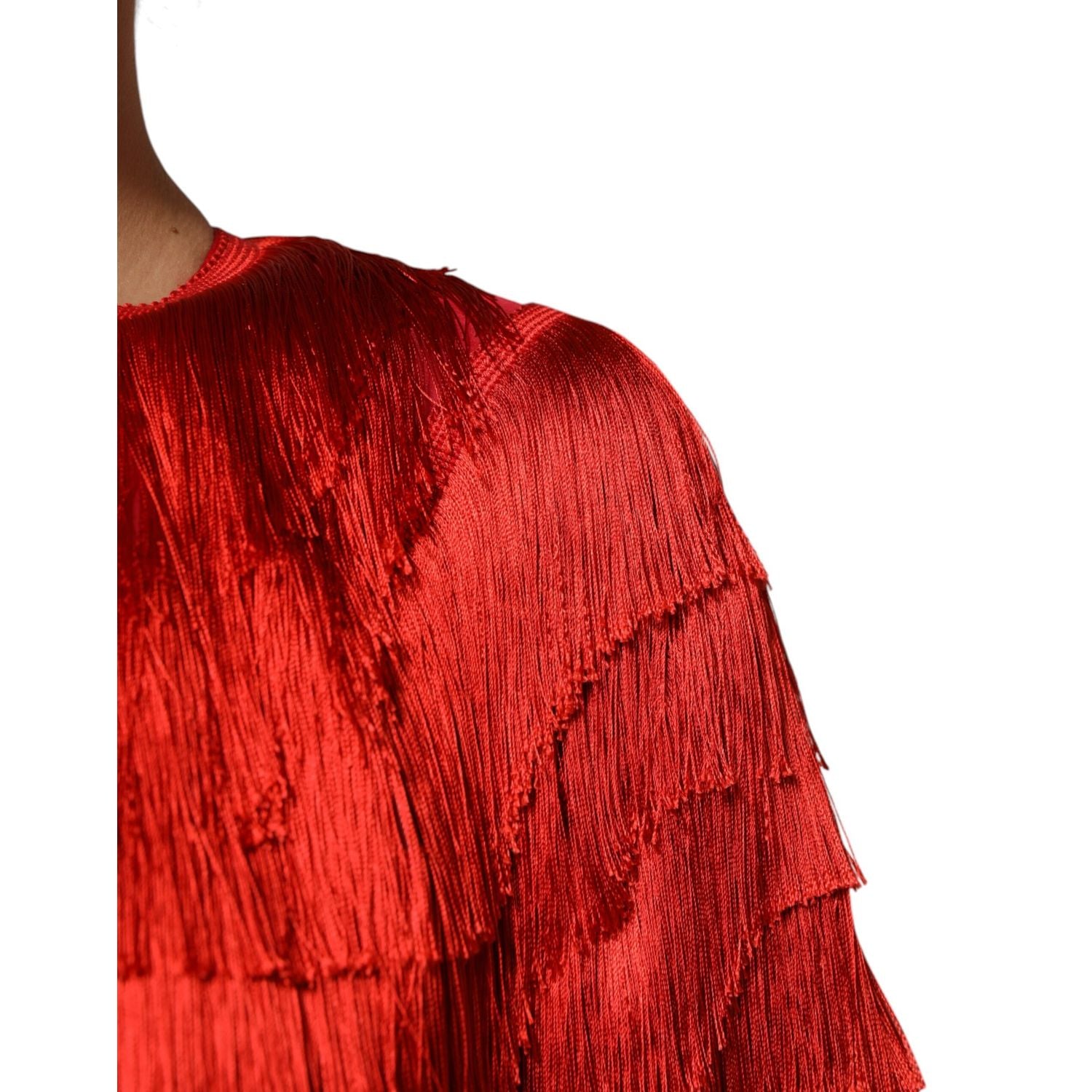 Dolce & Gabbana Red Silk Tiers Fringe Shift Knee Length Dress