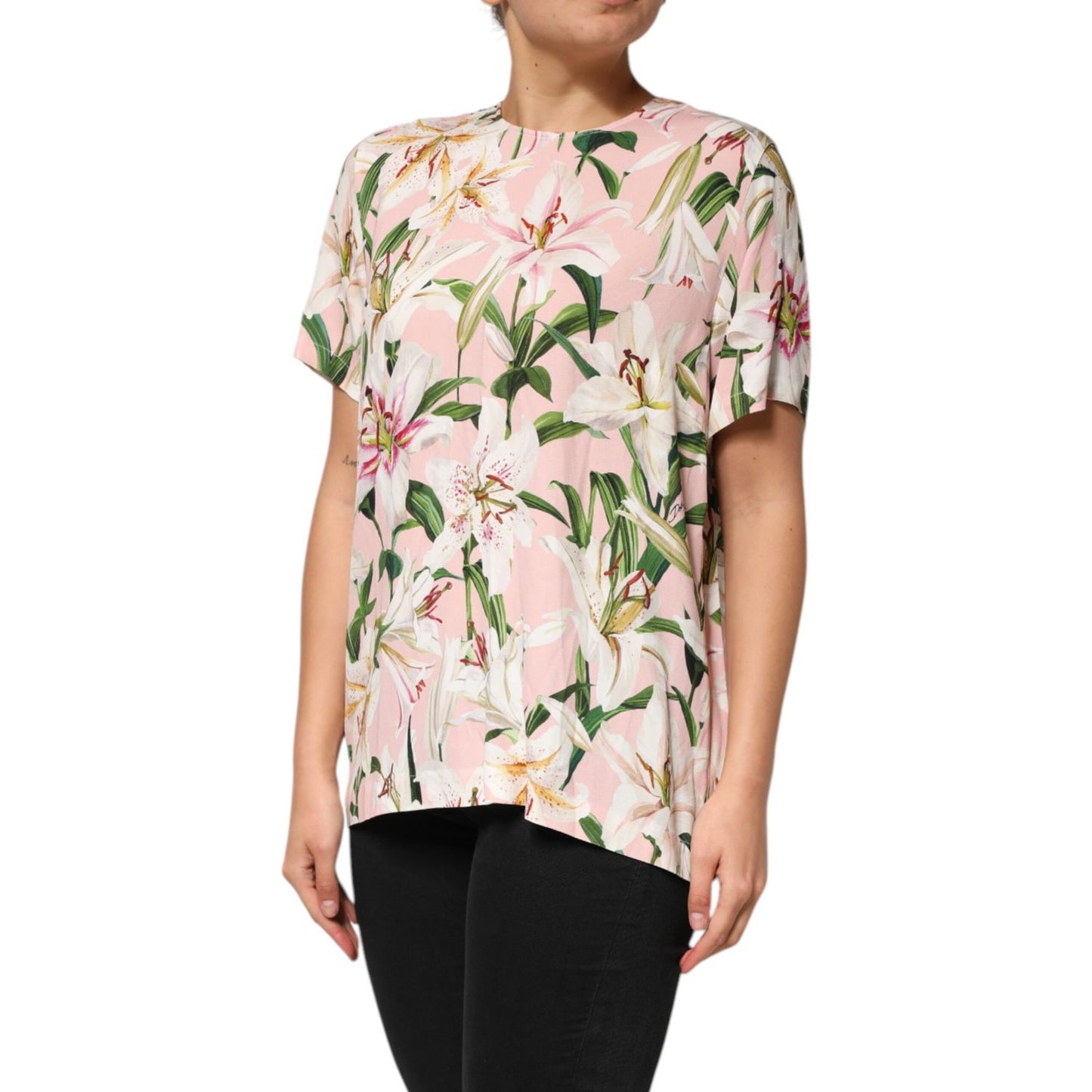 Dolce & Gabbana Pink Lily Printed Round Neck Blouse Top