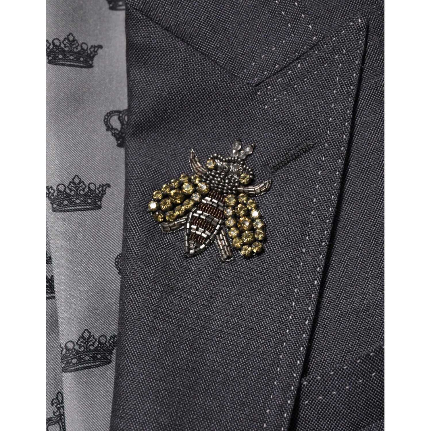 Dolce & Gabbana Dark Gray Bee Embroidery Wool Coat Blazer