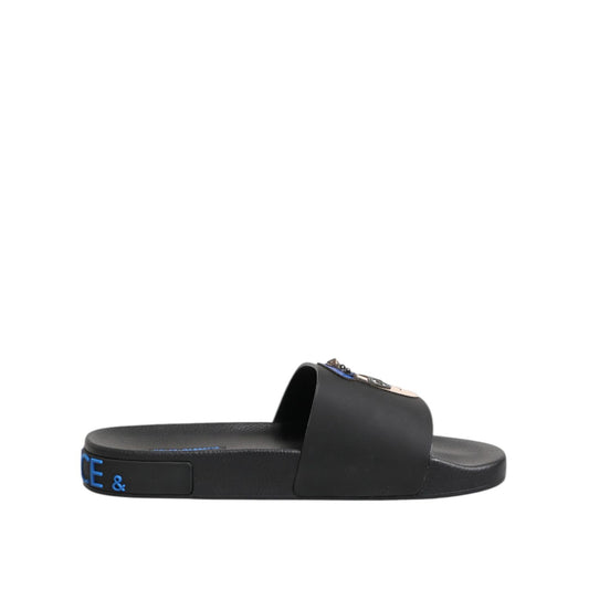 Dolce & Gabbana Black Leather Slides Flats Beachwear Shoes Dolce & Gabbana