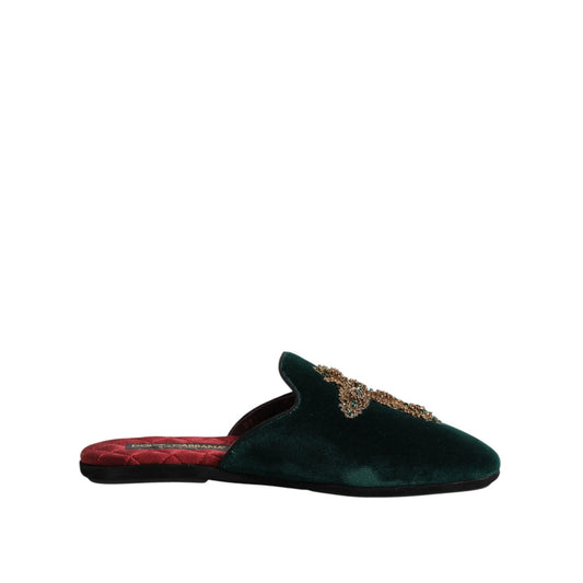 Dolce & Gabbana Green Velvet Cross Embellished Slippers Shoes Dolce & Gabbana