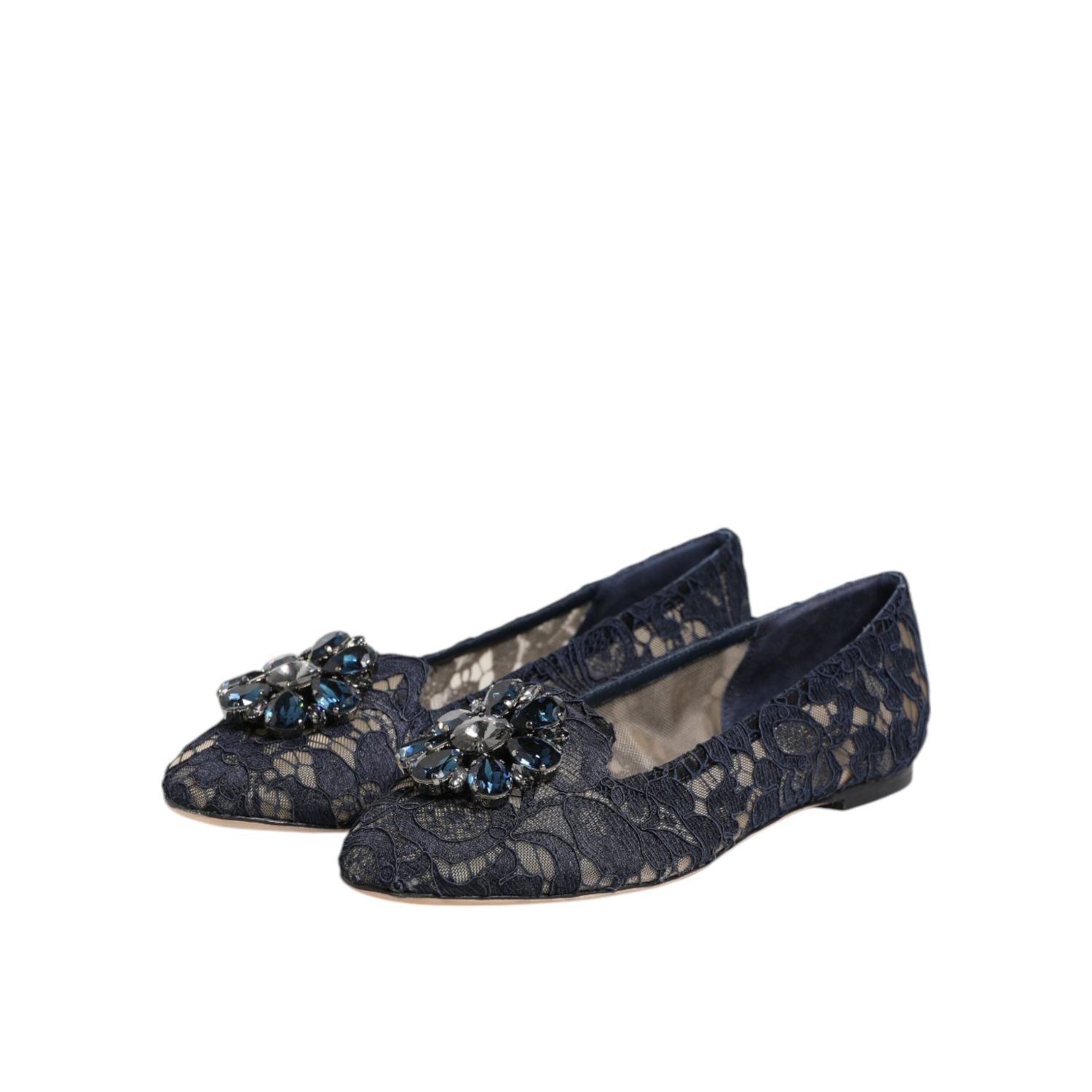 Dolce & Gabbana Blue Taormina Lace Crystals Flats Shoes