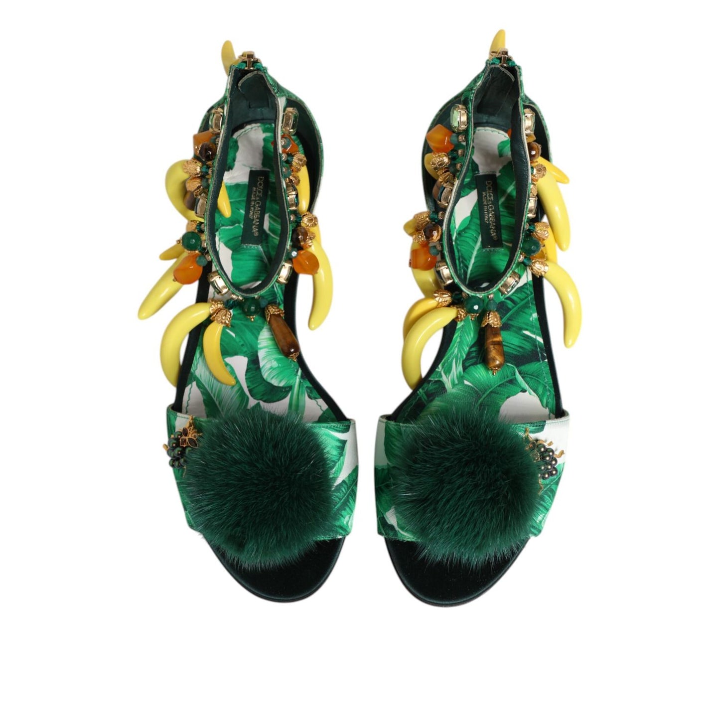 Dolce & Gabbana Green Mink Fur Satin Banana Leaf Sandals Shoes