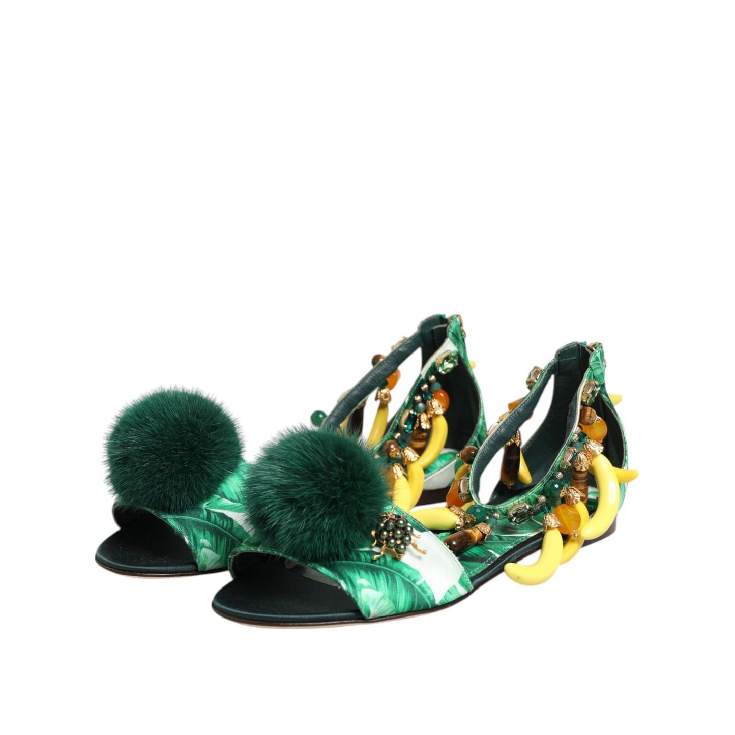Dolce & Gabbana Green Mink Fur Satin Banana Leaf Sandals Shoes