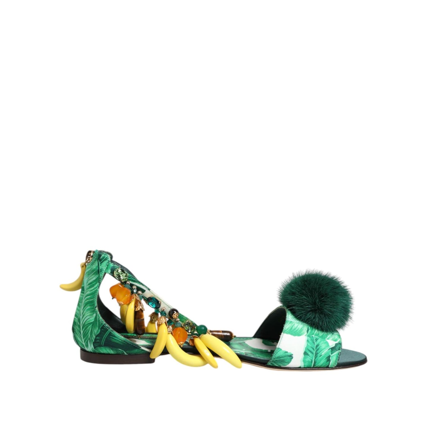Dolce & Gabbana Green Mink Fur Satin Banana Leaf Sandals Shoes