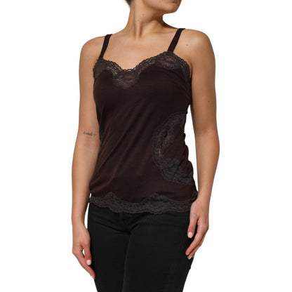 Dolce & Gabbana Dark Brown Lace Trim Wool Sleeveless Tank Top