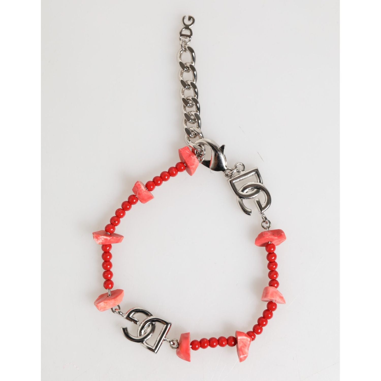 Dolce & Gabbana Silver Tone Brass Beaded Resin DG Logo Chain Men Bracelet