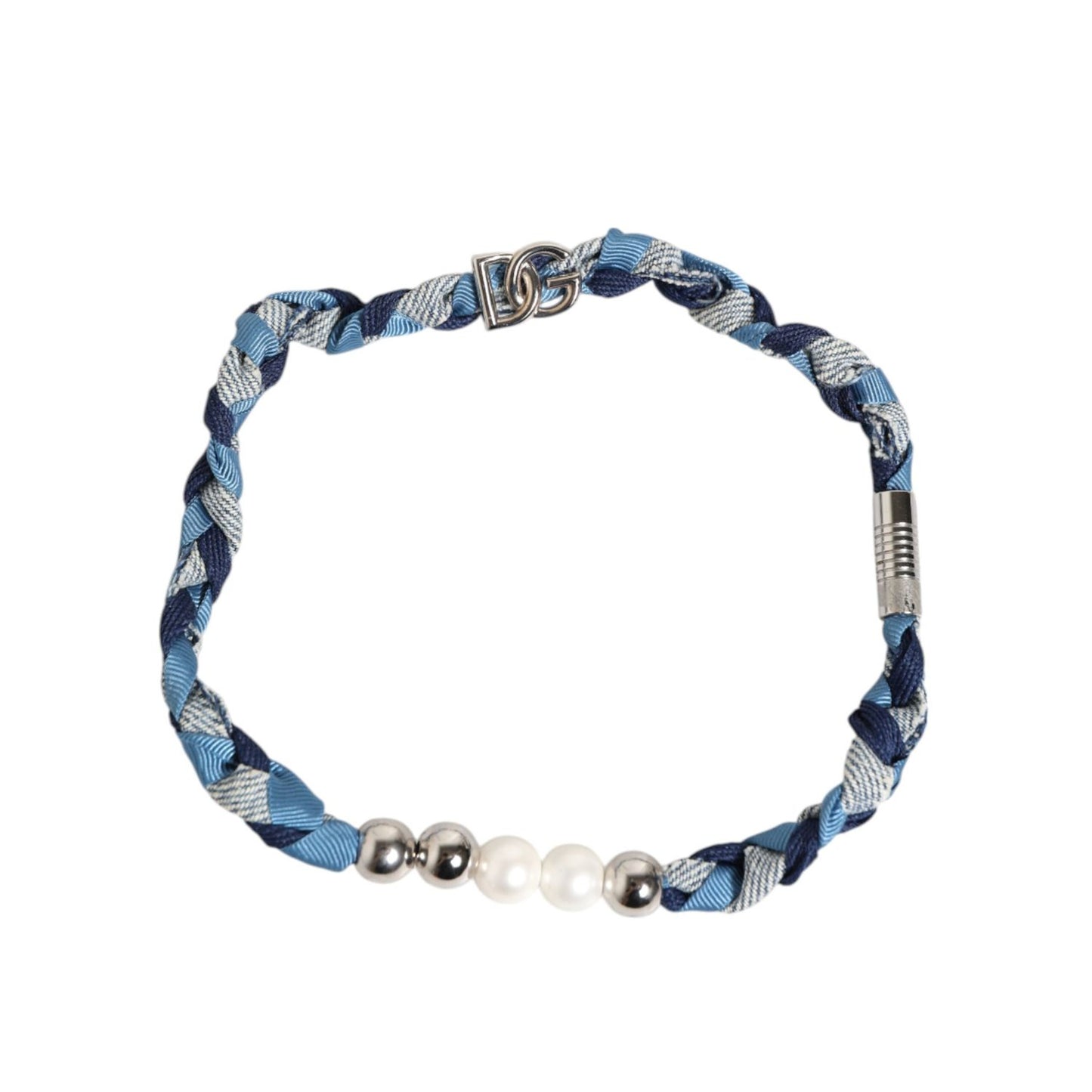 Dolce & Gabbana Blue White Braided Silver Metal Logo Beaded Men Bracelet