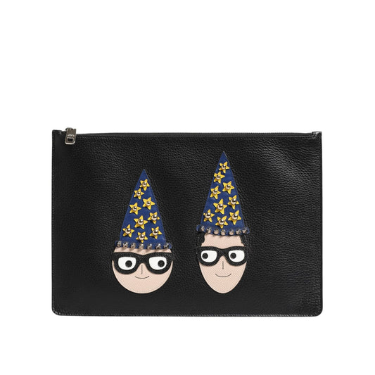 Dolce & Gabbana Black Leather #DGFAMILY Embellished Men Clutch Pouch Bag Dolce & Gabbana