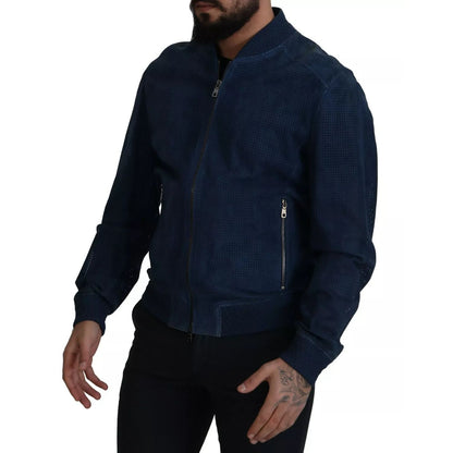 Dolce & Gabbana Blue Leather Perforated Full Zip Jacket