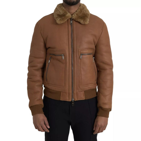Dolce & Gabbana Brown Leather Fur Button Biker Coat Jacket Dolce & Gabbana