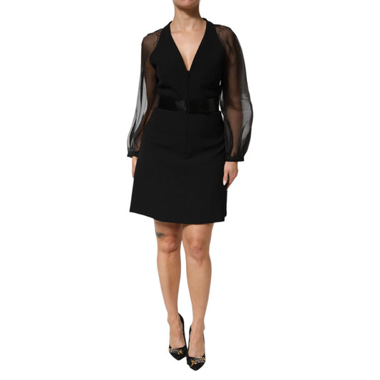 Emporio Armani Black Sheer Sleeve Belted V-Neck Mini Dress Emporio Armani
