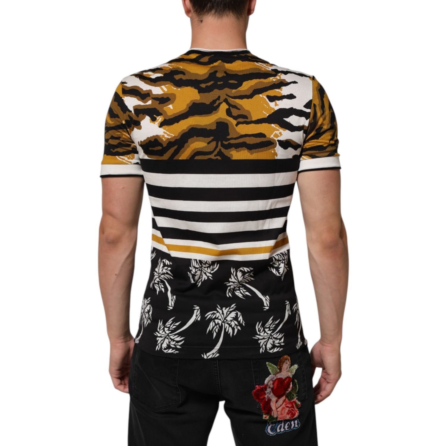 Dolce & Gabbana Multicolor Leopard Palm Leaf Men Crew Neck T-shirt