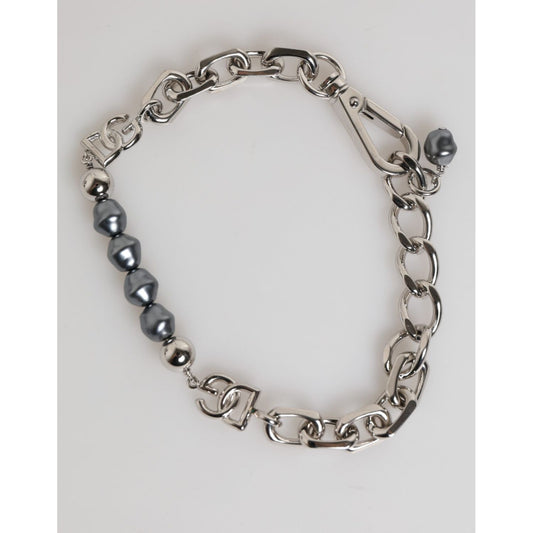 Dolce & Gabbana Silver Tone Chain Lobster Clasp Logo Gray Pearls Bracelet Dolce & Gabbana