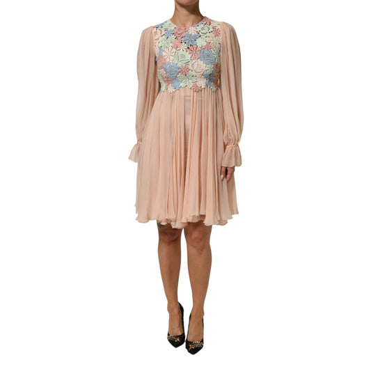 Dolce & Gabbana Pink Floral Embroidery Pleated A-line Dress