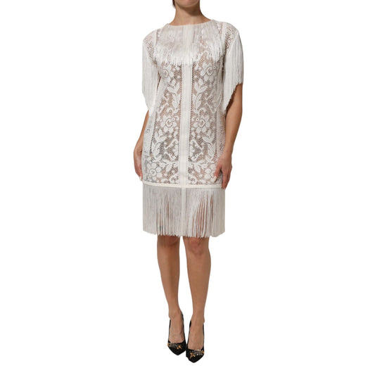 Dolce & Gabbana White Floral Lace Fringe Knee Length Dress