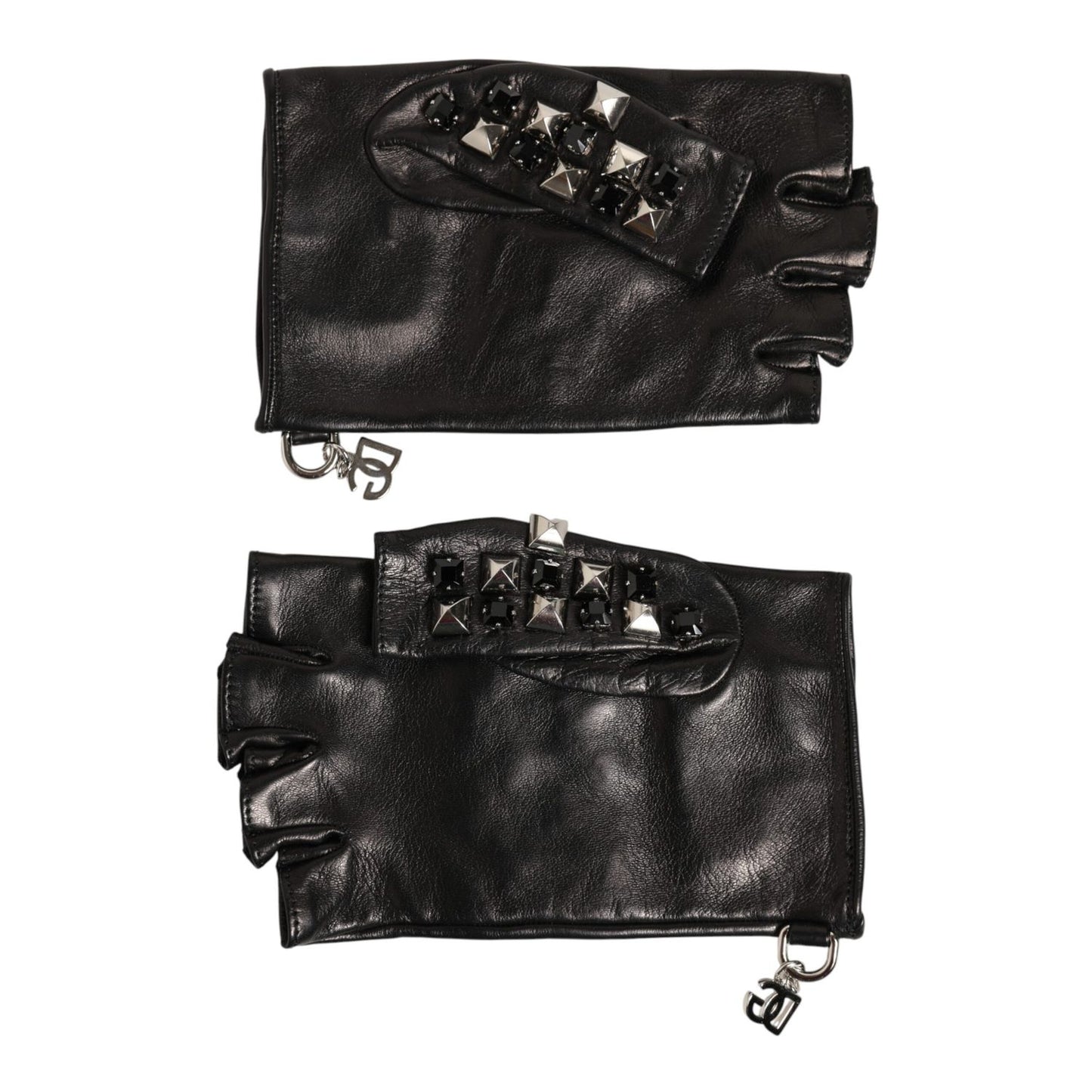 Dolce & Gabbana Black Leather Studded Fingerless Hand Mitten Men Gloves