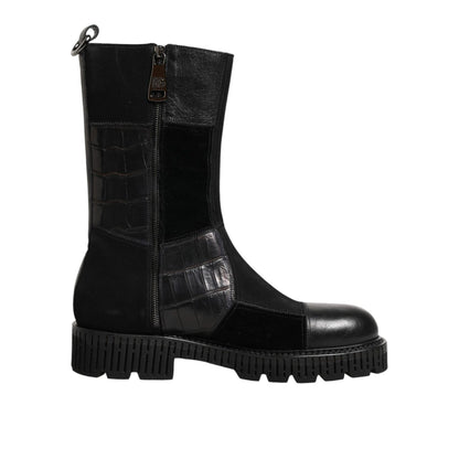 Dolce & Gabbana Black Patchwork Leather Mid Calf Boot  Shoes