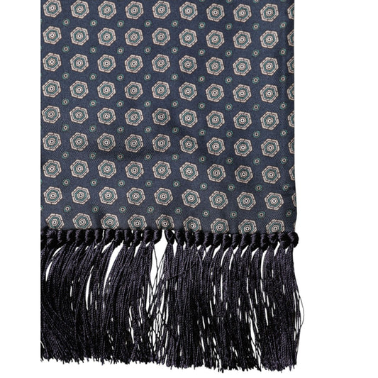 Dolce & Gabbana Blue Patterned Silk Fringes Foulard 138cm x 15.5cm Scarf