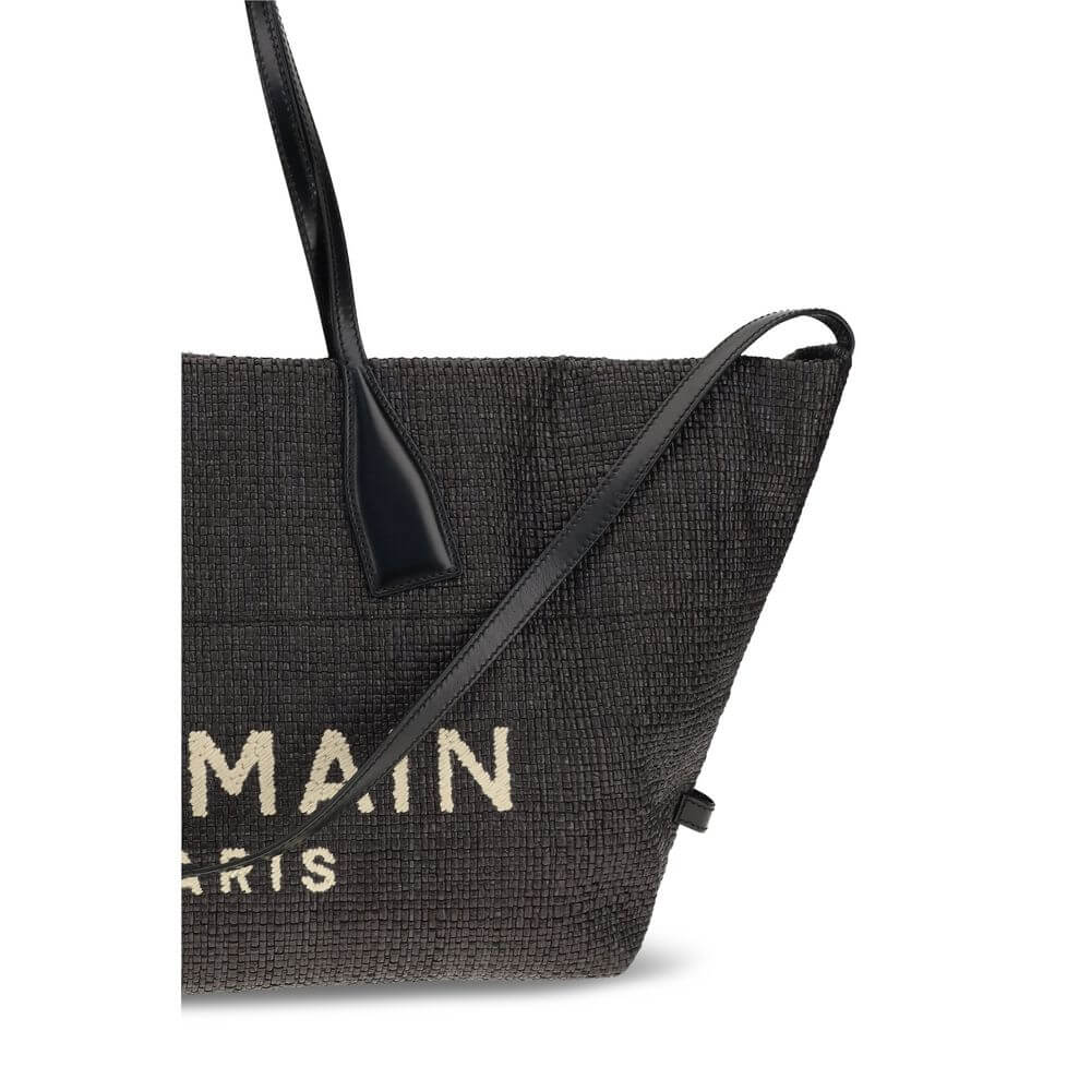 Balmain Black The Track Shoulder Bag In Leather And Raffia