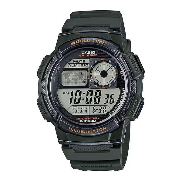 CASIO SPORT Mod. DIVER - WORLD TIME ILLUMINATOR 5 ALARMS. 10 YEARS BATTERY - ARMY GREEN WATCHES