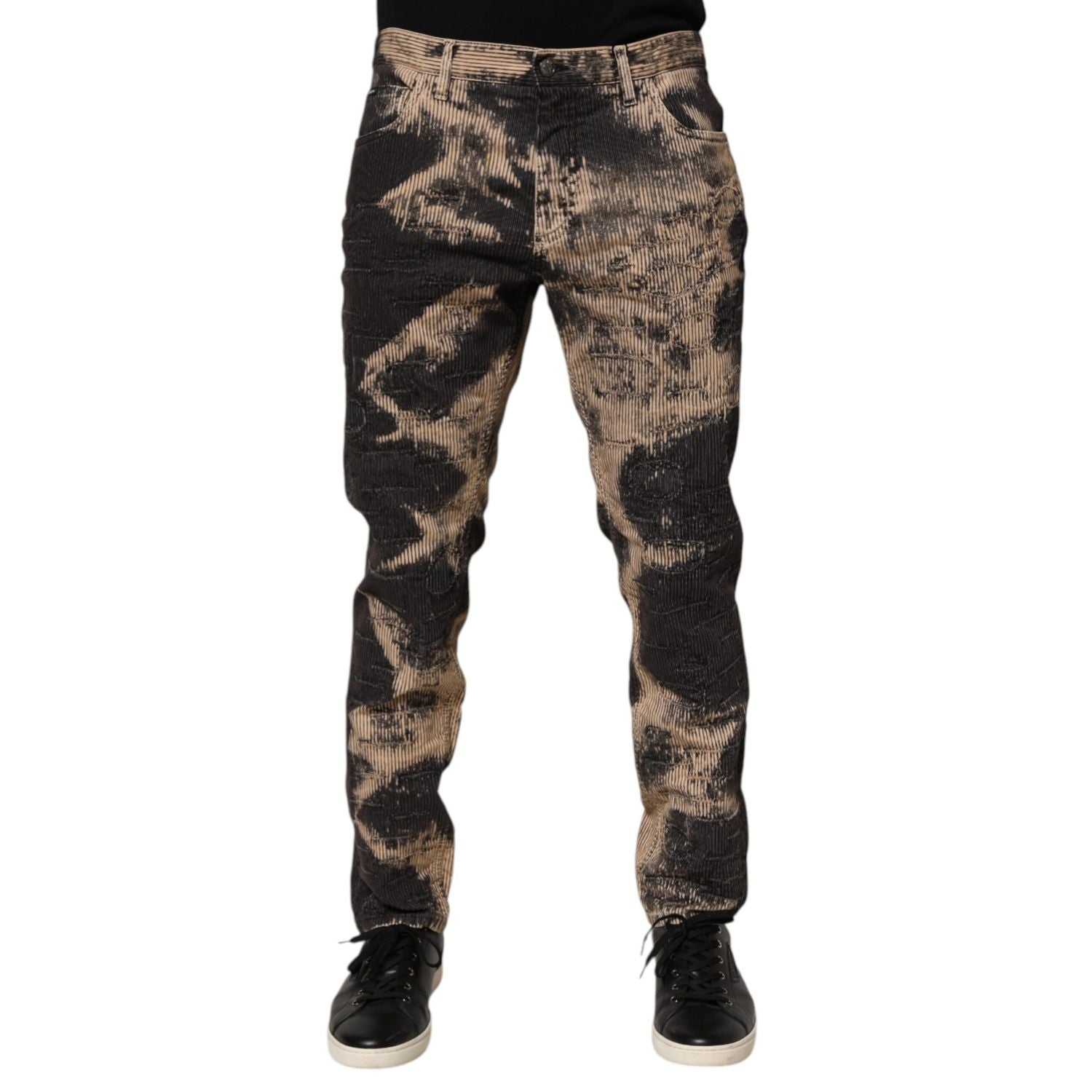 Dolce & Gabbana Beige Black Corduroy Tie-Dye Cotton Blend Pants