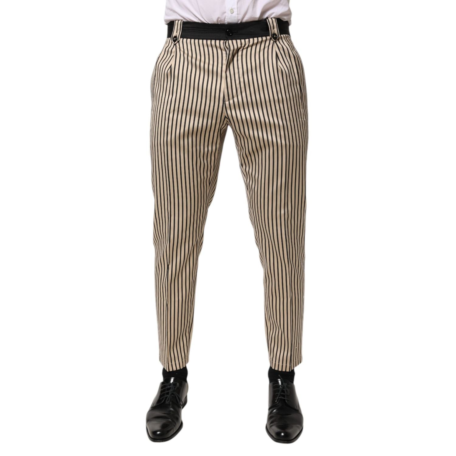 Dolce & Gabbana Beige Black Striped Cotton Slim Fit Trousers Pants