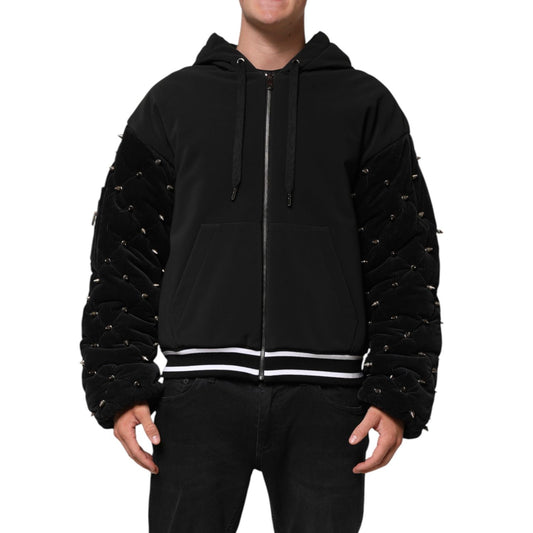 Dolce & Gabbana Black Cotton Quilted Studded Sleeve Hoodie Jacket Dolce & Gabbana