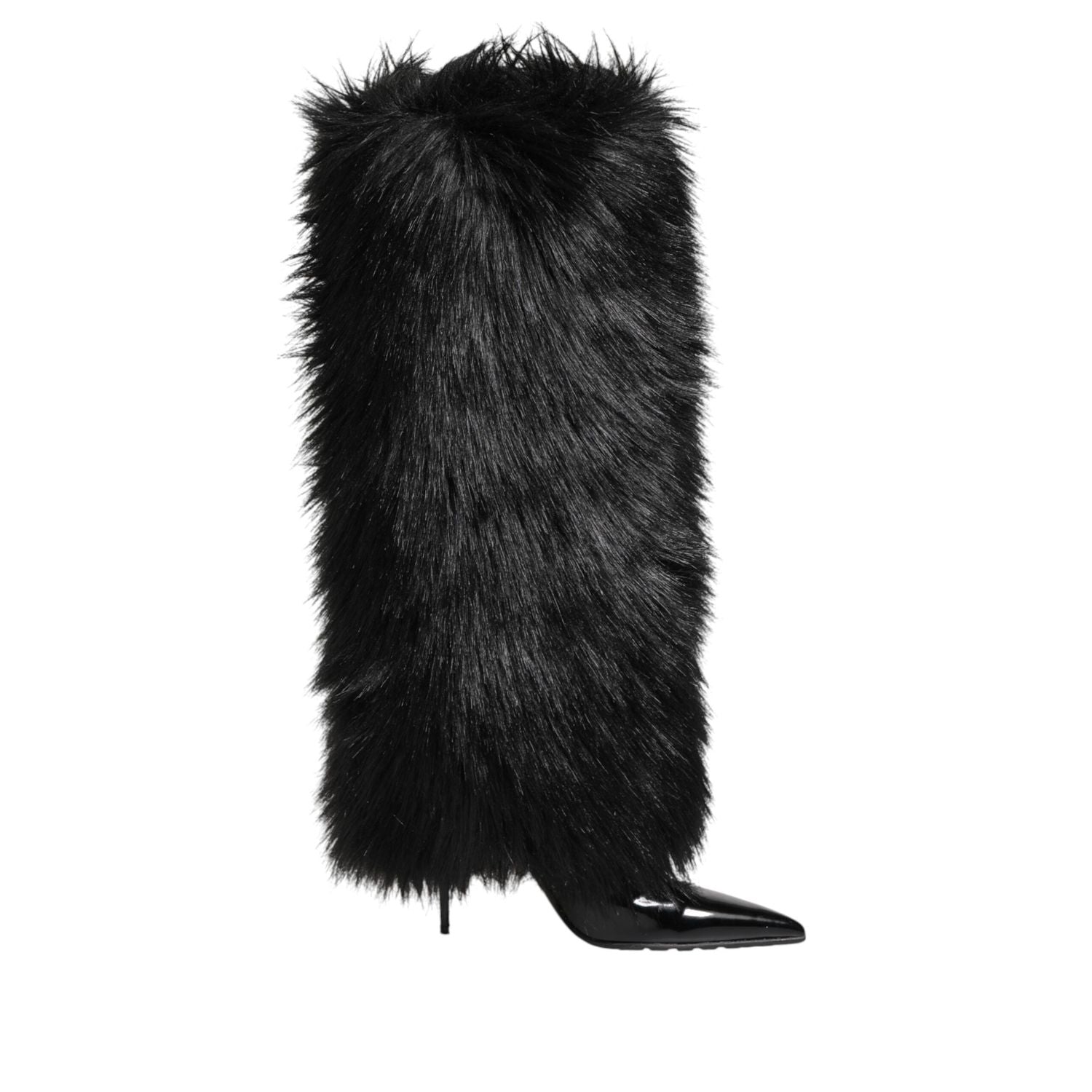 Dolce & Gabbana Black Faux Fur Pointed Knee High Stiletto Boots Shoes