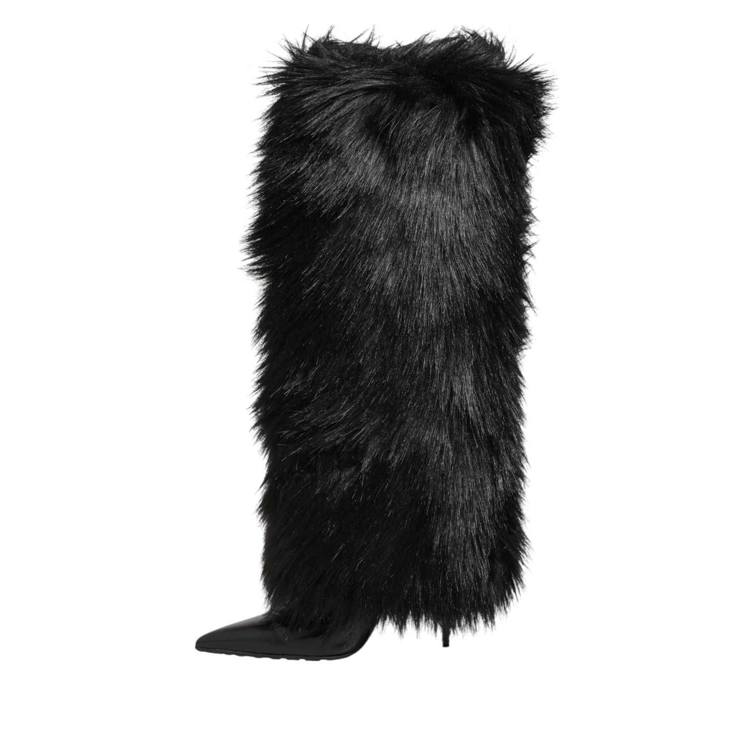 Dolce & Gabbana Black Faux Fur Pointed Knee High Stiletto Boots Shoes