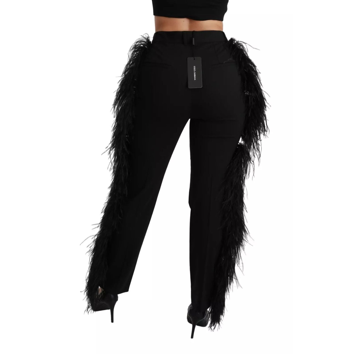 Dolce & Gabbana Black Feather Straight High Waist Pants