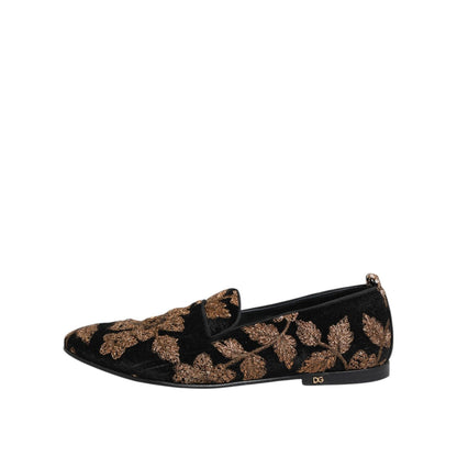Dolce & Gabbana Black Floral Embroidery Men Loafers Shoes