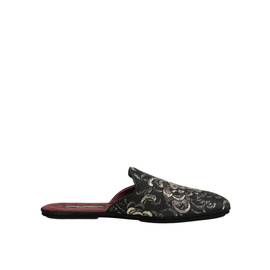 Dolce & Gabbana Black Floral Jacquard Slides Slippers Shoes Dolce & Gabbana