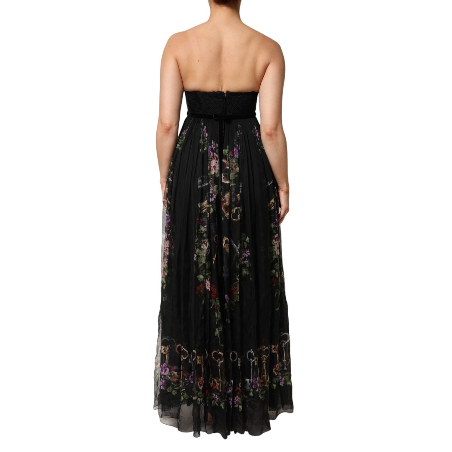 Dolce & Gabbana Black Floral Key Print Crystal Strapless Dress