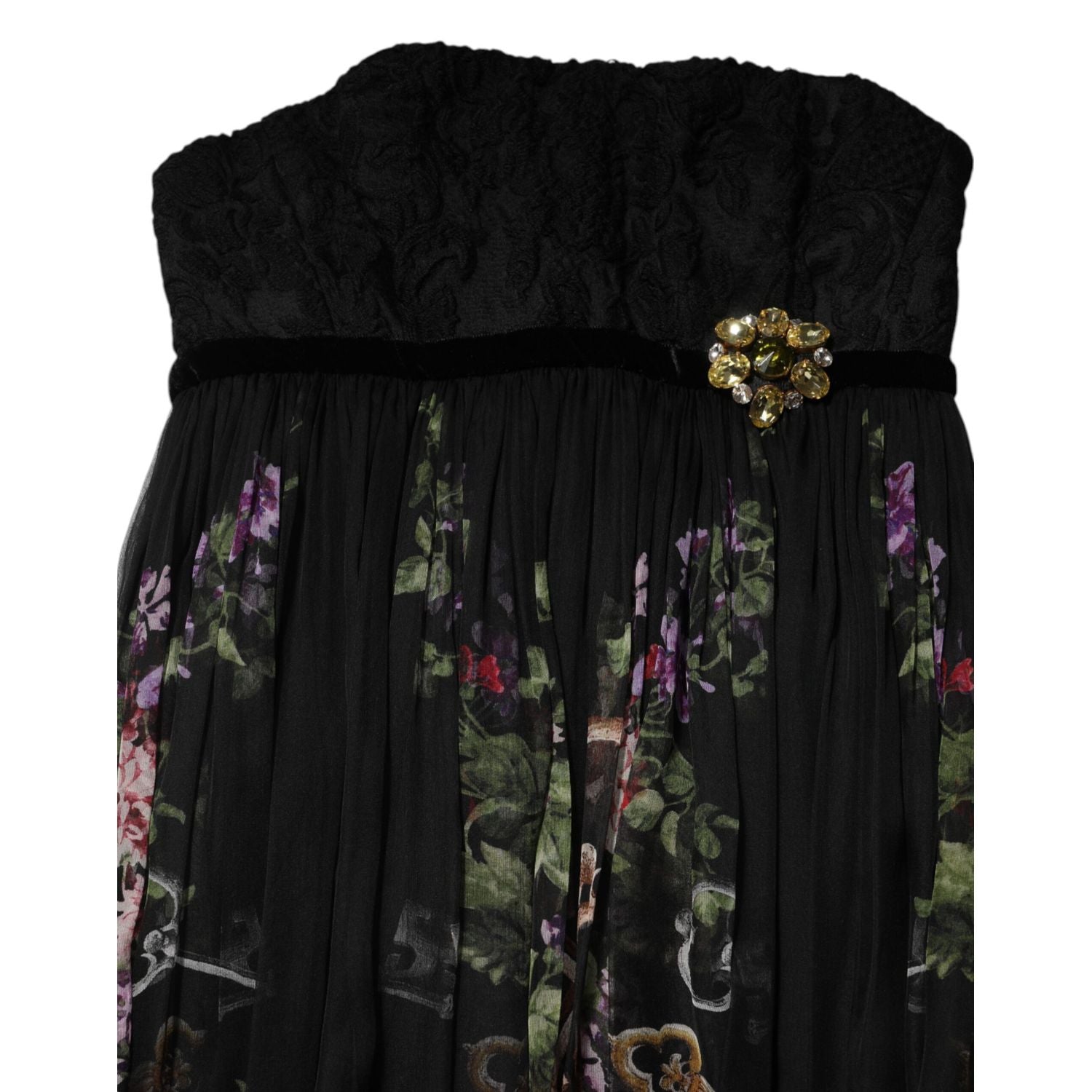 Dolce & Gabbana Black Floral Key Print Crystal Strapless Dress