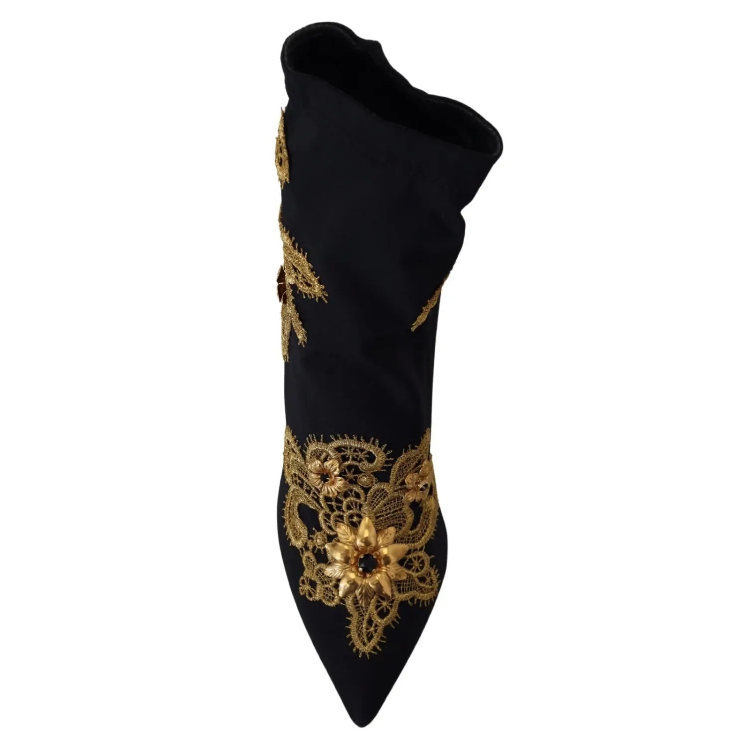 Dolce & Gabbana Black Gold Embroidery Crystal Boots Shoes