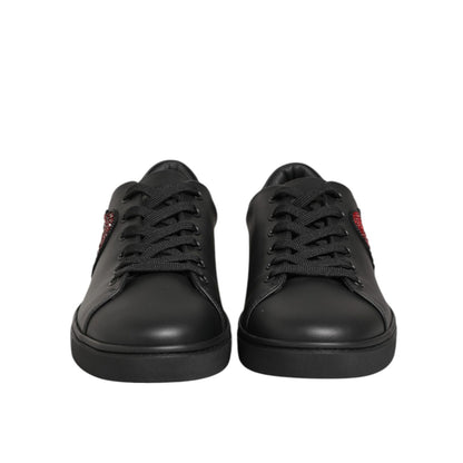 Dolce & Gabbana Black Leather Crystal Heart Sneakers Shoes