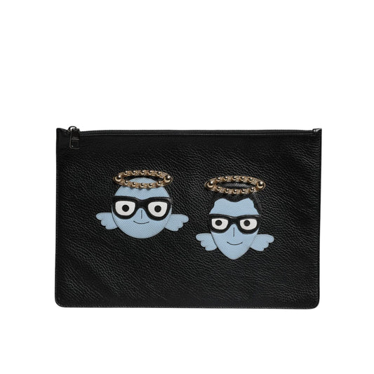Dolce & Gabbana Black Leather #DGFAMILY Embellished Men Zip Pouch Bag Dolce & Gabbana