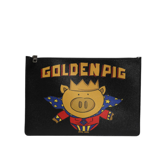 Dolce & Gabbana Black Leather Golden Pig Print Men Clutch Pouch Borse Bag Dolce & Gabbana