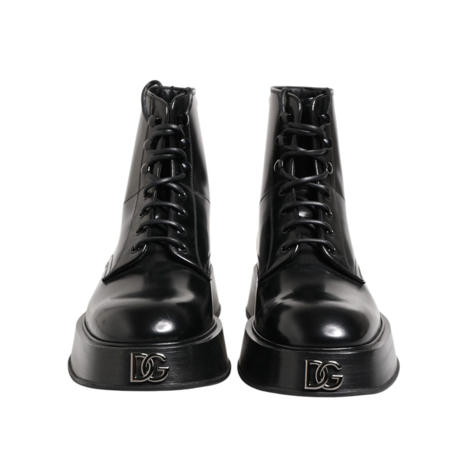Dolce & Gabbana Black Leather Logo Ankle Boots Lace Up Shoes