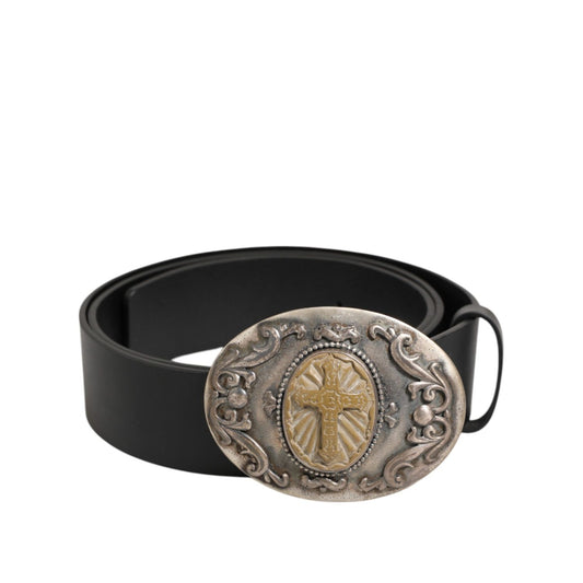 Dolce & Gabbana Black Leather Ornate Metal Buckle Men Belt Dolce & Gabbana