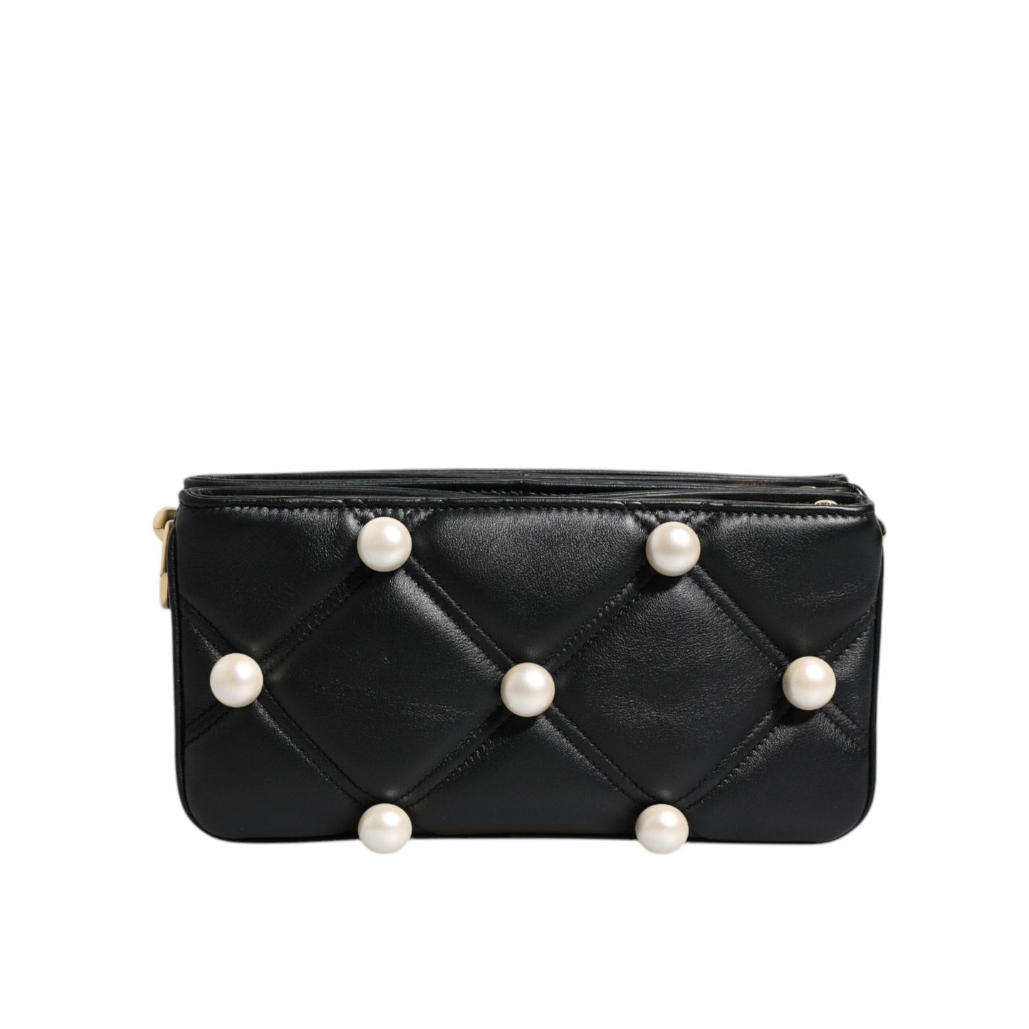 Dolce & Gabbana Black Leather Pearl Embellished Logo Shoulder Bag