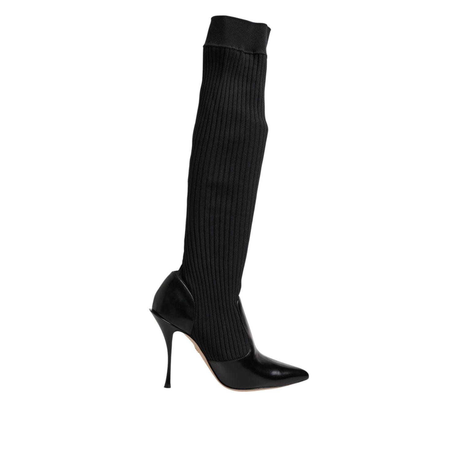 Dolce & Gabbana Black Leather Ribbed Knit Knee Boots Shoes