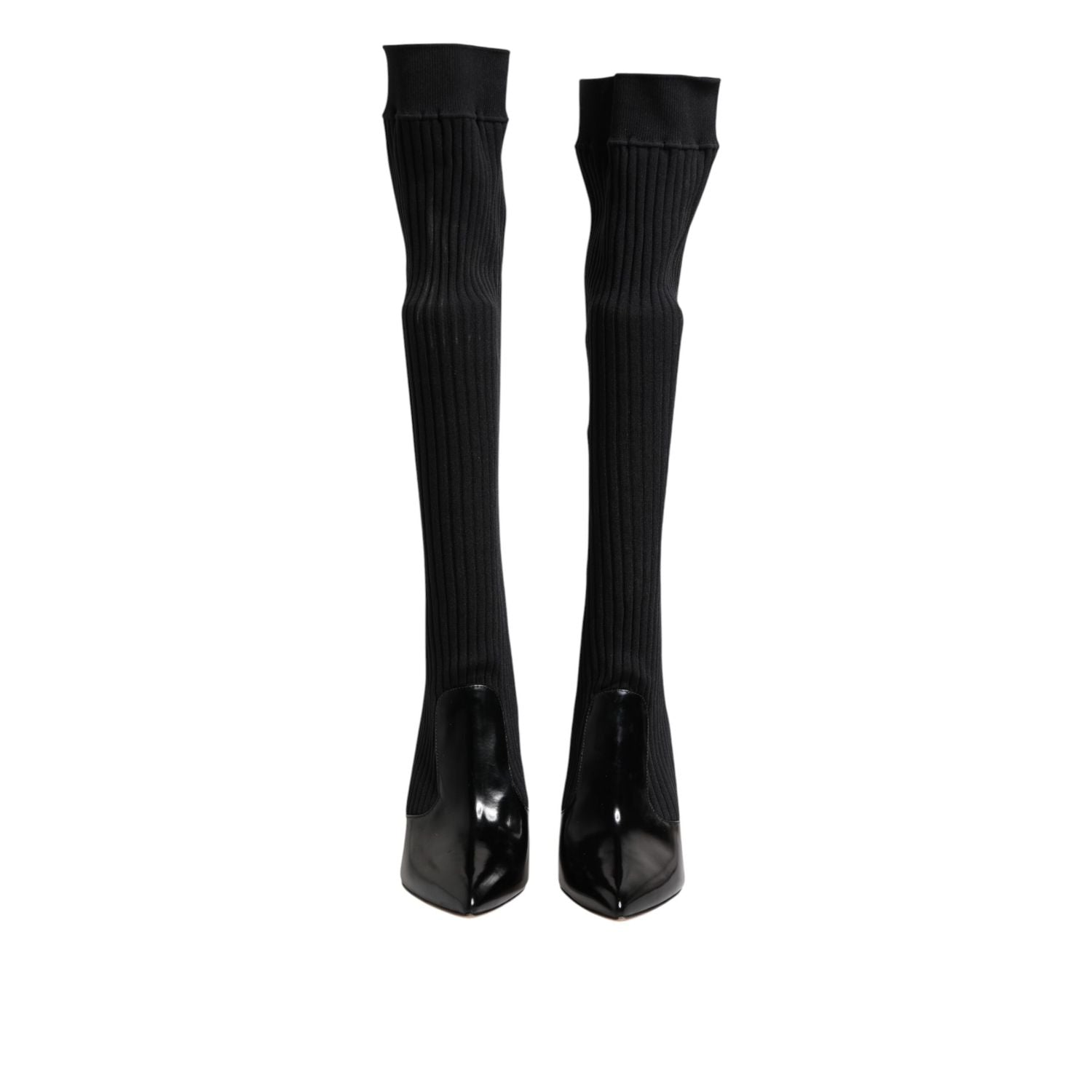 Dolce & Gabbana Black Leather Ribbed Knit Knee Boots Shoes