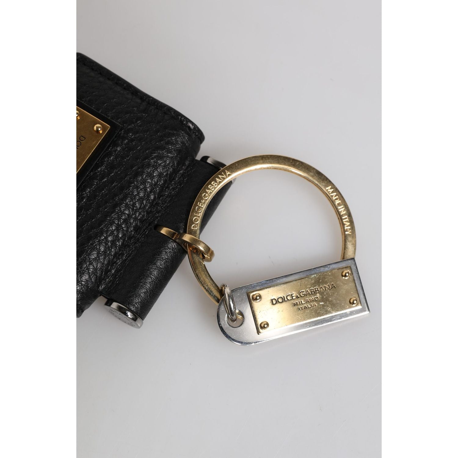 Dolce & Gabbana Black Leather Strap Gold Metal Logo Plaque Airpods Case