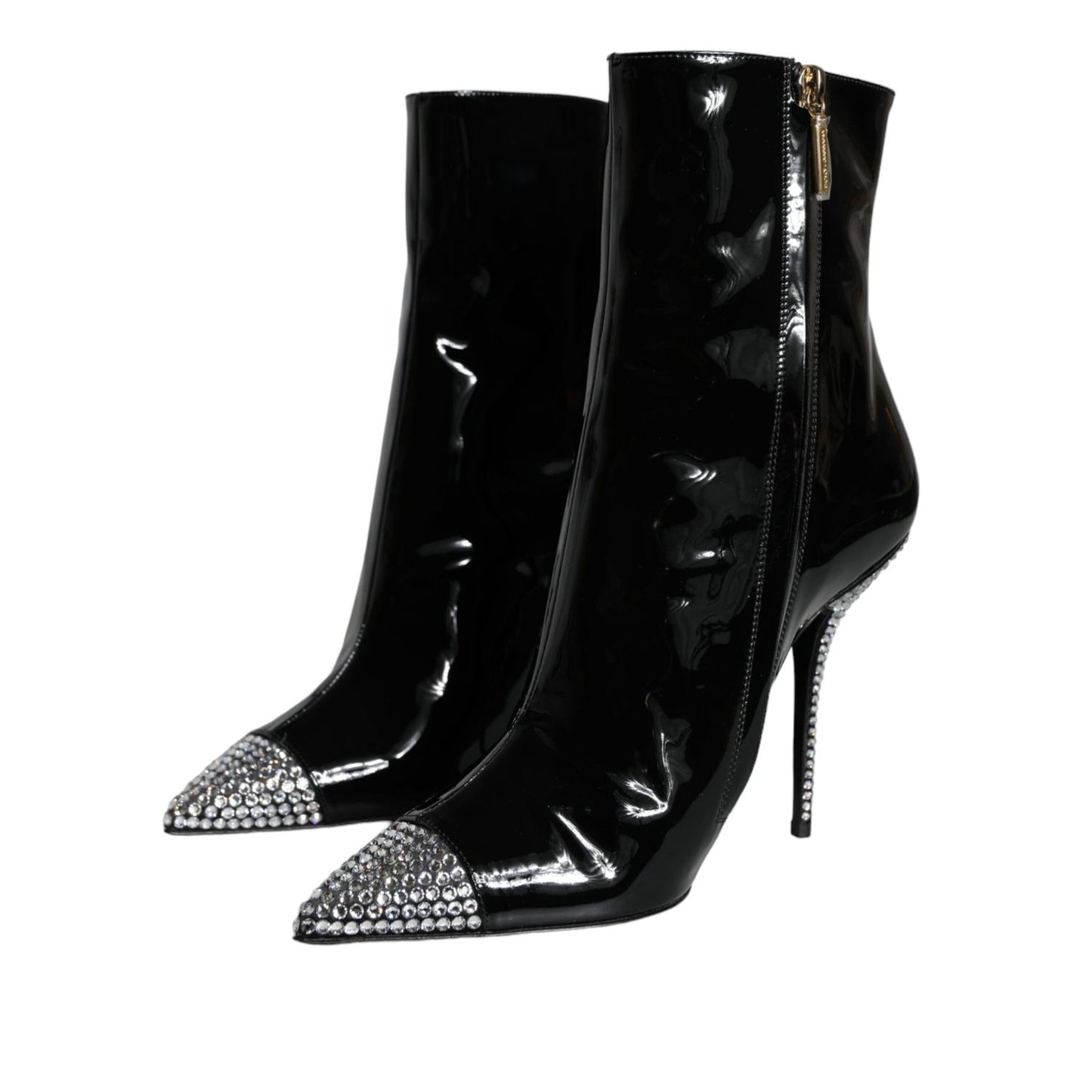 Dolce & Gabbana Black Patent Leather Crystal Heel Boots Shoes Dolce & Gabbana